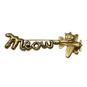 AJC Flying Cat Skywriting Brooch PIn Signed Gold Tone